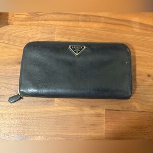 Prada Black Saffiano Gold Logo Zip Long Wallet